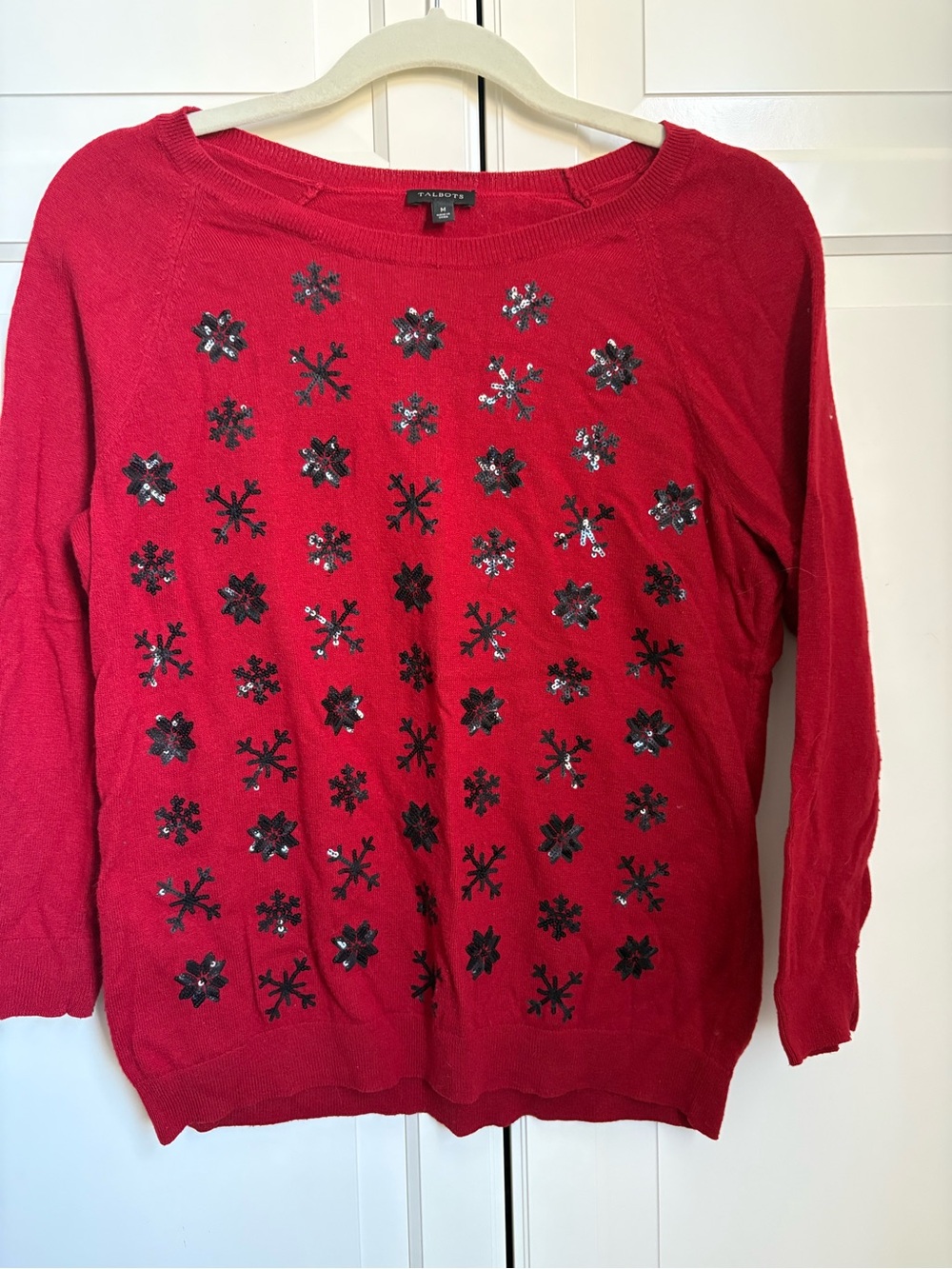 Talbots Red Sequin Snowflake Crewneck Sweater